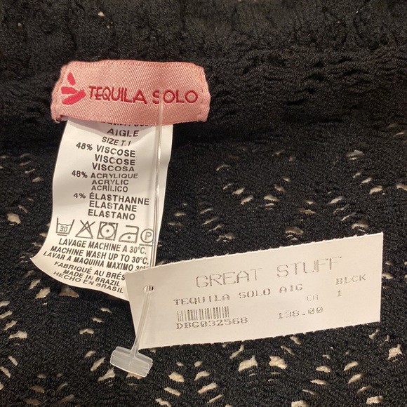 NWT.  Tequila Solo Aigle Soft Black Open Knit Sweater with Flower Pin 4 closure - Picture 11 of 14